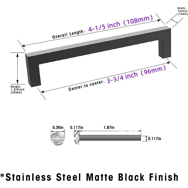 A matte black stainless steel cabinet pull with an overall length of 4-1/5 inches and a height of 1-2/5 inches.