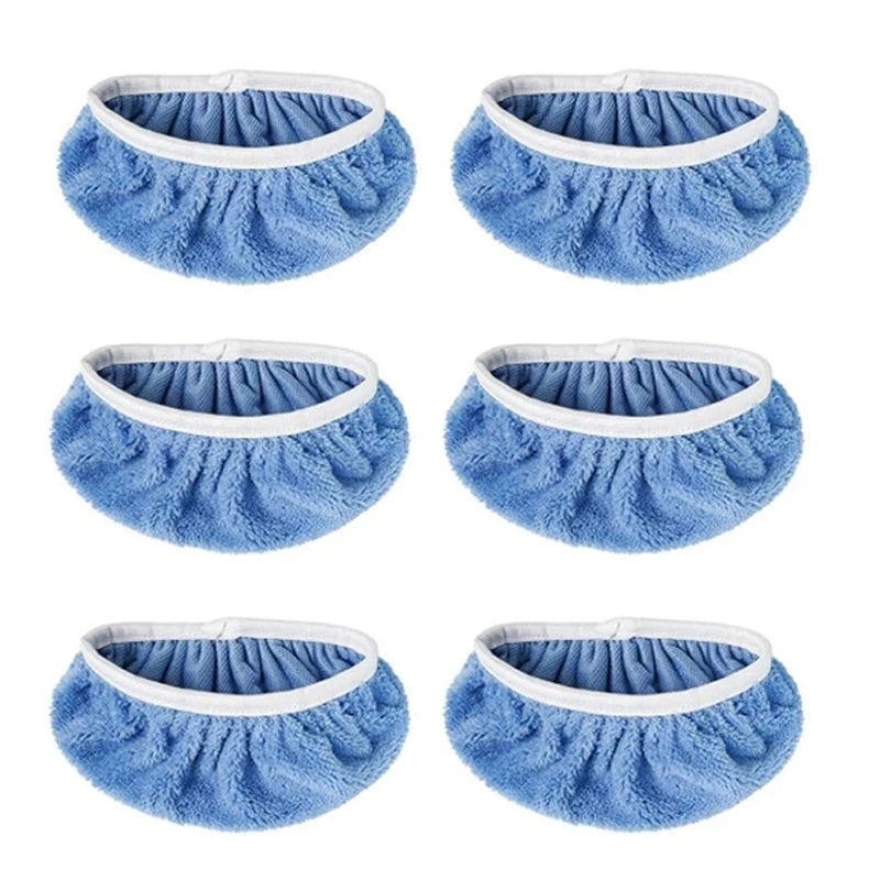 Four blue reusable mop pads for sweeper mops shown from above.