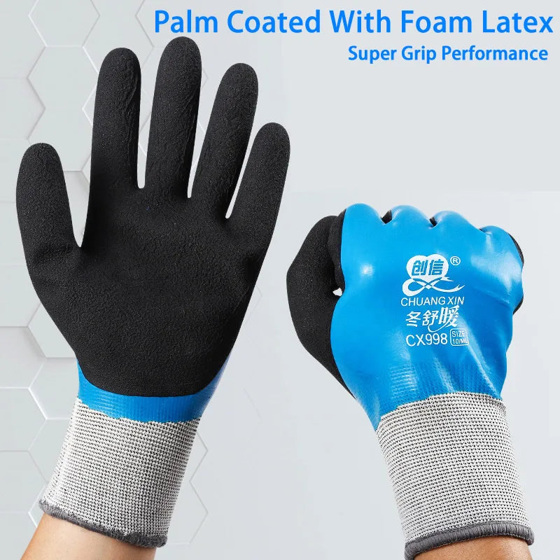 Black and blue winter work gloves coated with foam latex for super grip performance