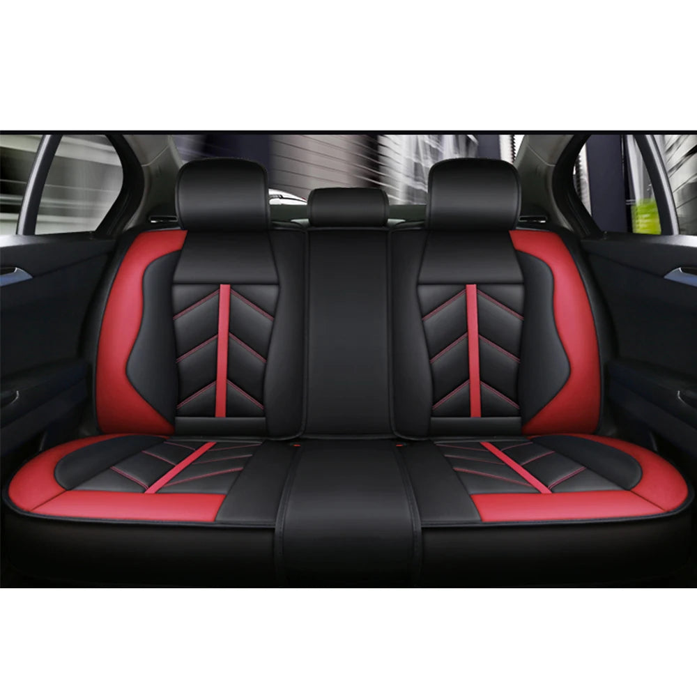 Black and red universal waterproof PU leather car seat covers installed in a vehicle interior.