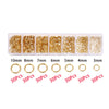 A set of gold-colored jump rings and crimps packaged in small compartments for jewelry making.