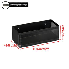 Black magnetic strip refrigerator storage rack with a perforated mesh design
