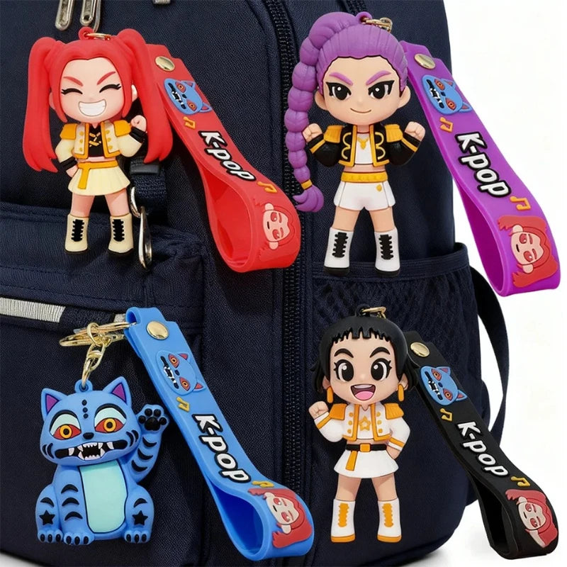 Anime Demon Hunters Girls Keychain Set with Tiger Charm