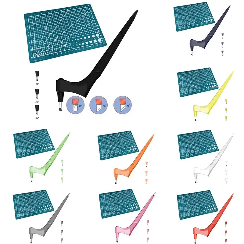 A collection of precision craft knives and blades in various colors and angles, including a flat knife and curved blades.