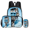 A black backpack and a blue pencil bag set featuring football star images on the fabric.