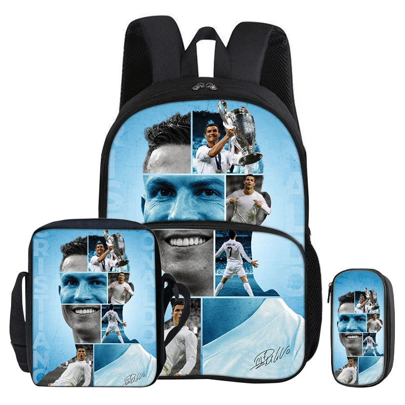 A black backpack and a blue pencil bag set featuring football star images on the fabric.