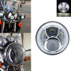 A clear 7-inch motorcycle LED headlight assembly featuring angel eyes and daytime running lights.
