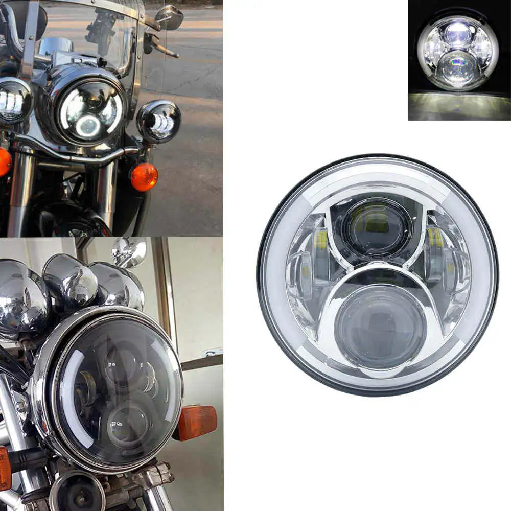 A clear 7-inch motorcycle LED headlight assembly featuring angel eyes and daytime running lights.