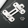Stainless steel sliding door latch lock with mounting plates and screws shown on a dark surface.