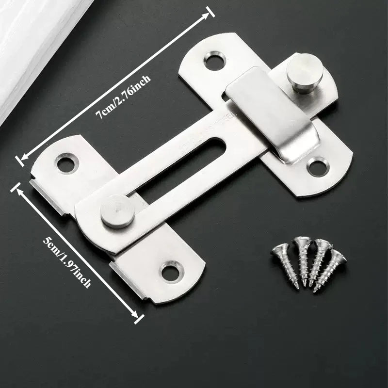 Stainless steel sliding door latch lock with mounting plates and screws shown on a dark surface.
