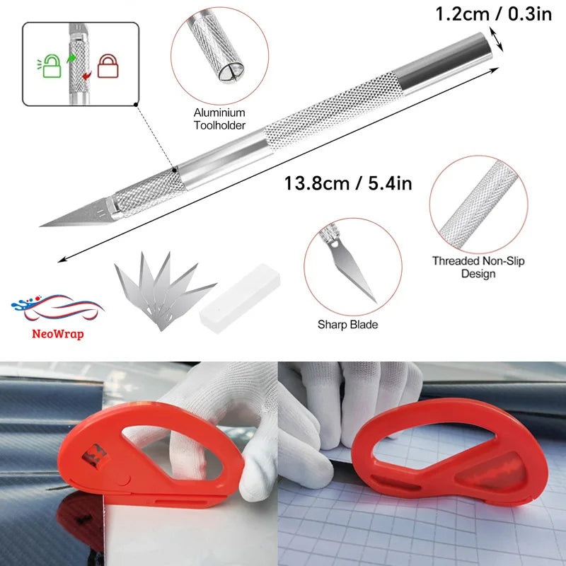 An orange vinyl wrap application tool kit with a sharp blade and aluminum holder shown in use.