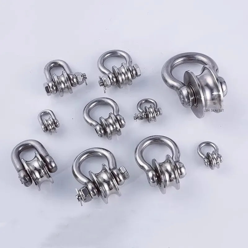 A set of heavy-duty 304 stainless steel pulleys with silent bearings.