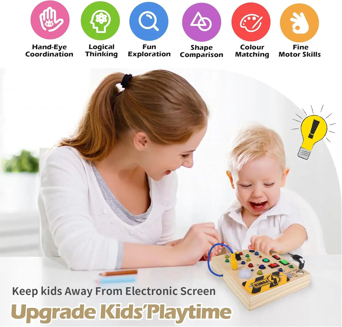 Montessori Wooden Busy Board with LED Switch Controls