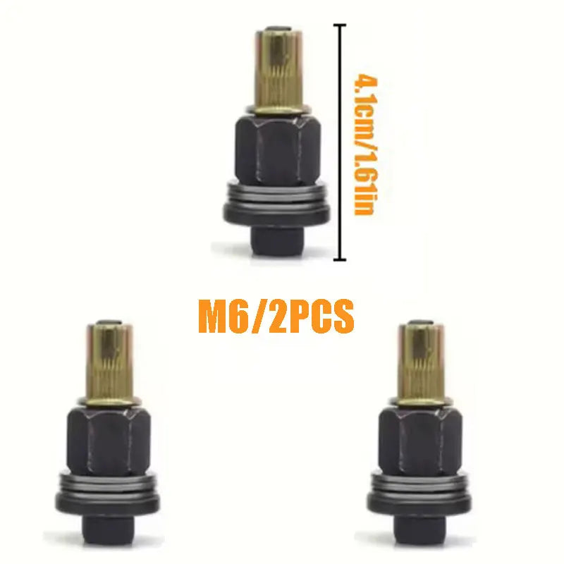 A set of M6 rivet nuts with interchangeable heads shown in black and gold finishes.