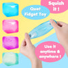 Hands squeezing a translucent blue squishy ice cube fidget toy for stress relief