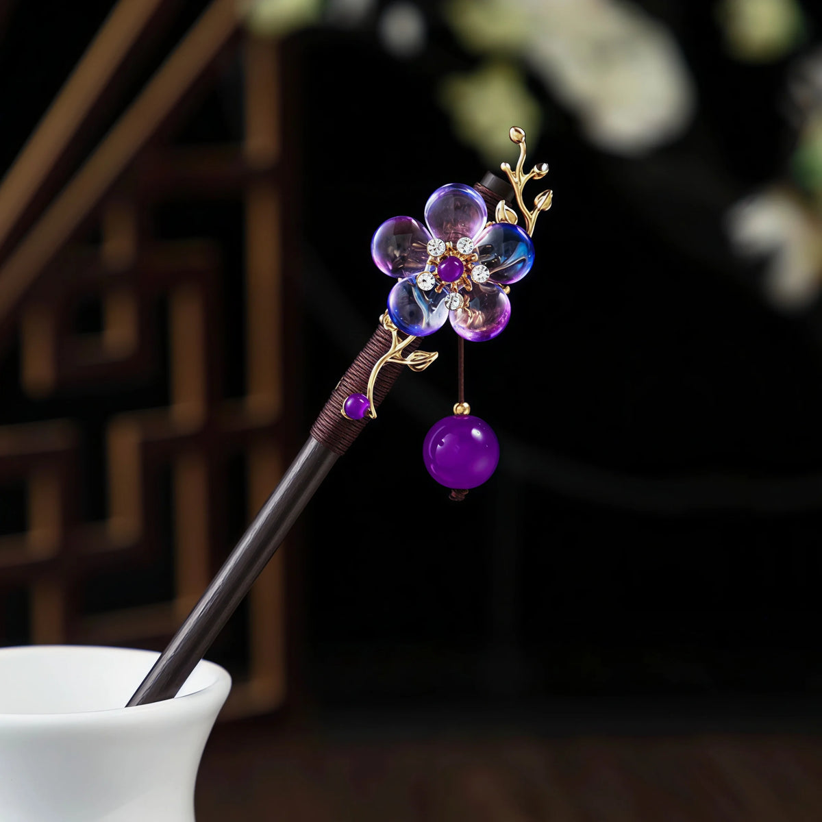 Handcrafted Wooden Hairpin with Flower Tassel