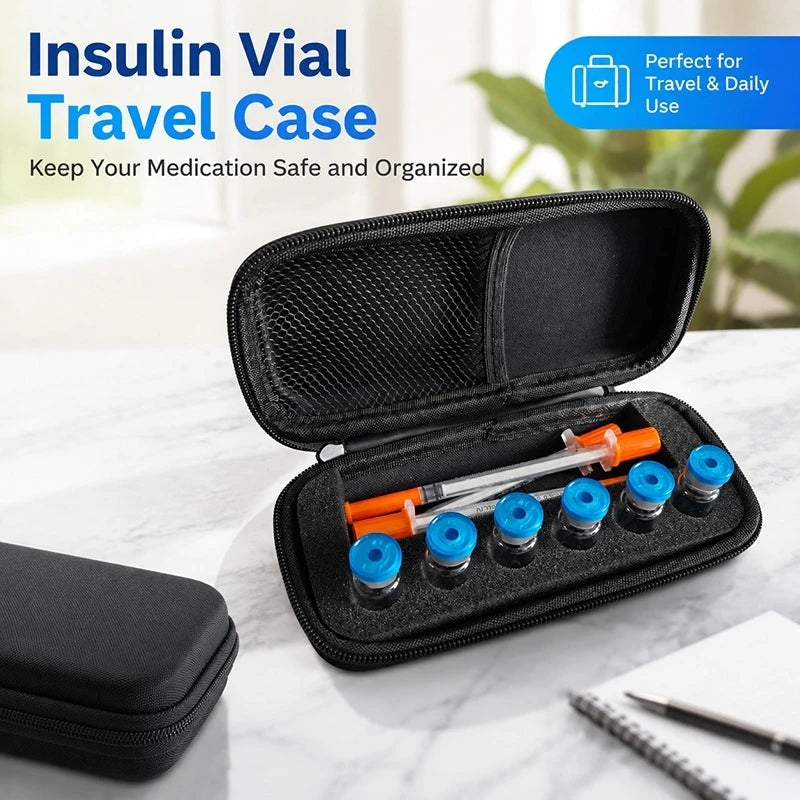 An open black portable insulin vial travel case displaying several blue and orange medical vials on a white surface.