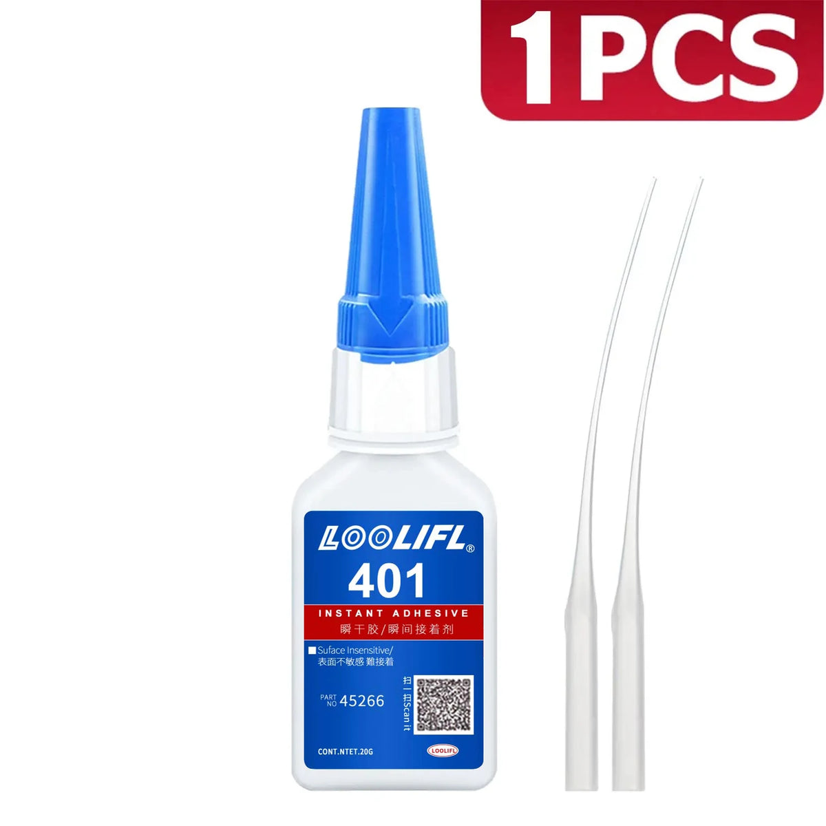 Eine Flasche Loolifl Instant Klebstoff mit blauem Deckel und zwei Applikationsstäbchen.