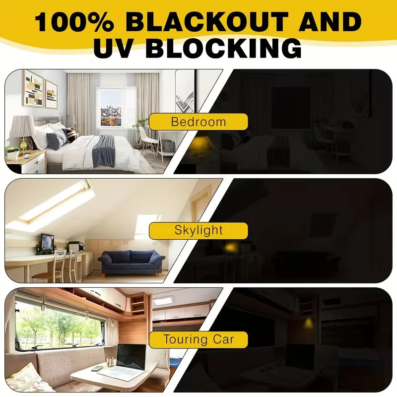 Product image showing blackout and UV blocking features for a bedroom, skylight, and touring car interior.