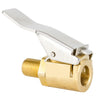 Brass tire inflator chuck with quick-connect clip tool