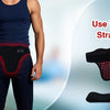 A person wearing a dark blue therapy belt with red light elements, along with separate straps and a black fabric shown for us