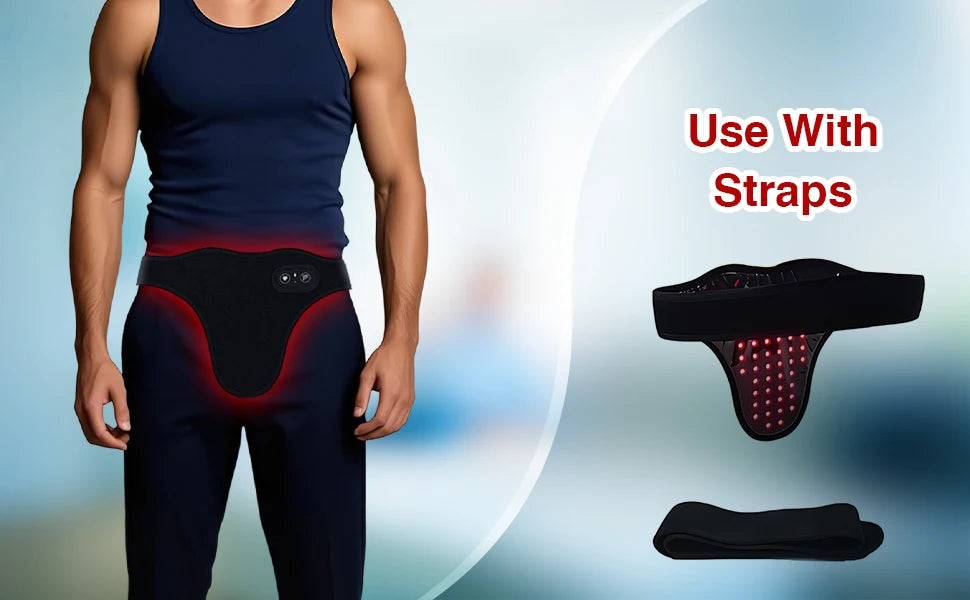 A person wearing a dark blue therapy belt with red light elements, along with separate straps and a black fabric shown for us