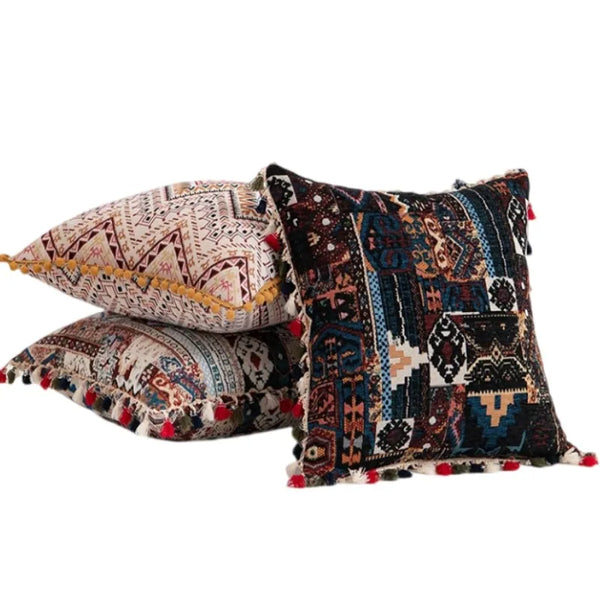 Boho Leaf-Print Tassel Throw Pillow Cover