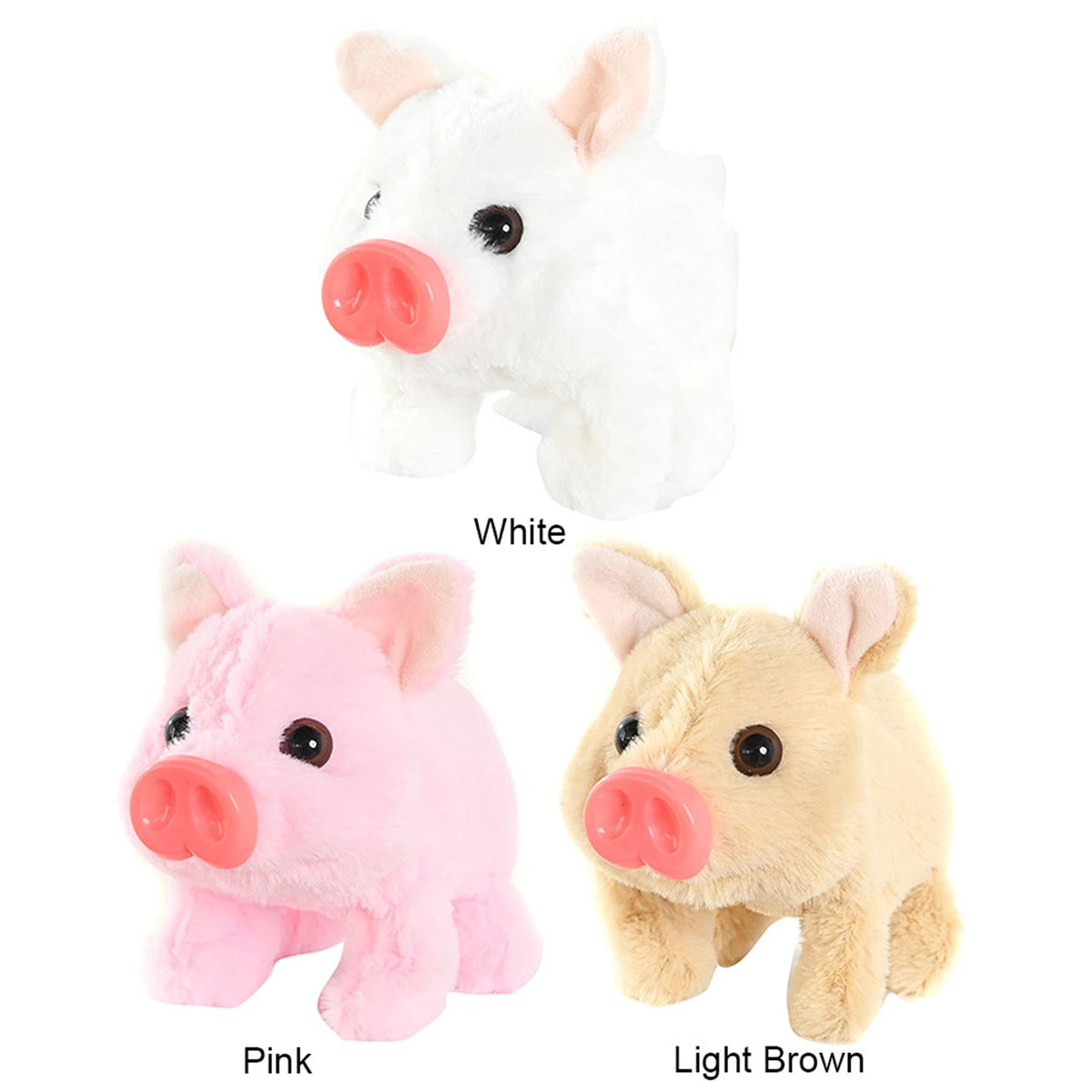 Three plush pig toys in white, pink, and light brown colors shown side by side.