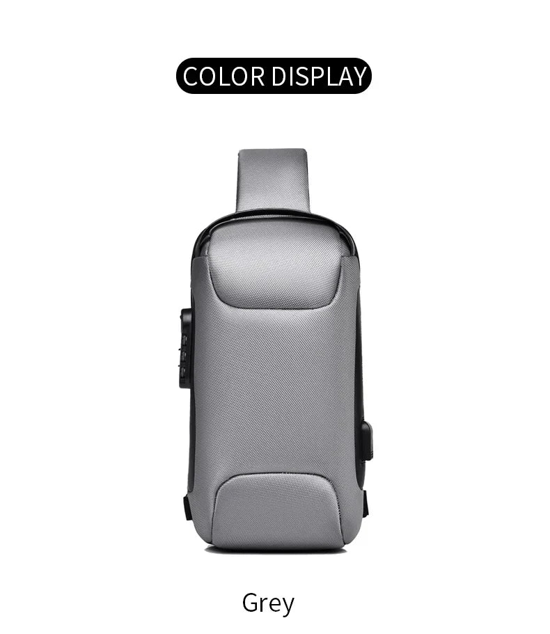 Bolso cruz para hombre gris multifuncional anti-robo, mostrado contra fondo blanco.