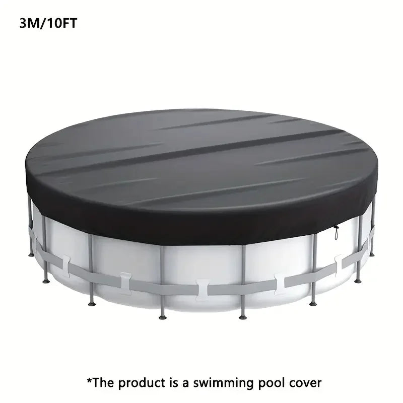 A round above-ground swimming pool cover with a black top and white sides.