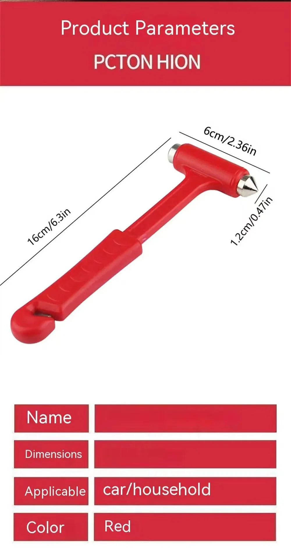 Red PCTON HION car emergency escape hammer with glass breaker and seatbelt cutter