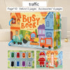 A colorful busy book for toddlers featuring matching games and vehicles like a train and truck.