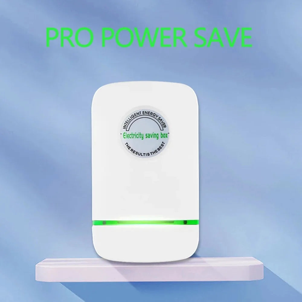 A white plug-in energy saver box with a green indicator light resting on a pink surface.
