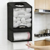Black wall-mounted bag holder dispenser with mesh pockets for kitchen and pantry storage