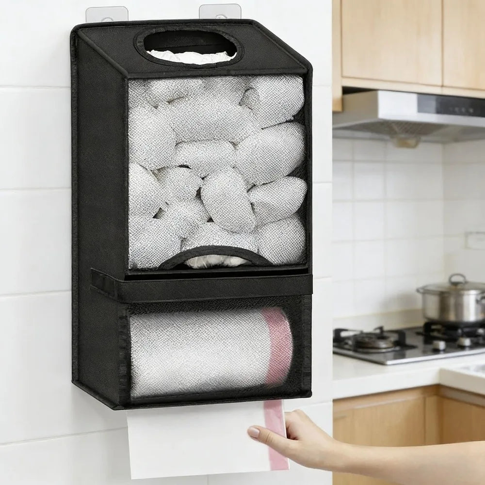 Black wall-mounted bag holder dispenser with mesh pockets for kitchen and pantry storage