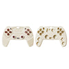 A beige silicone baby teether remote control toy with various buttons and shapes for teething.