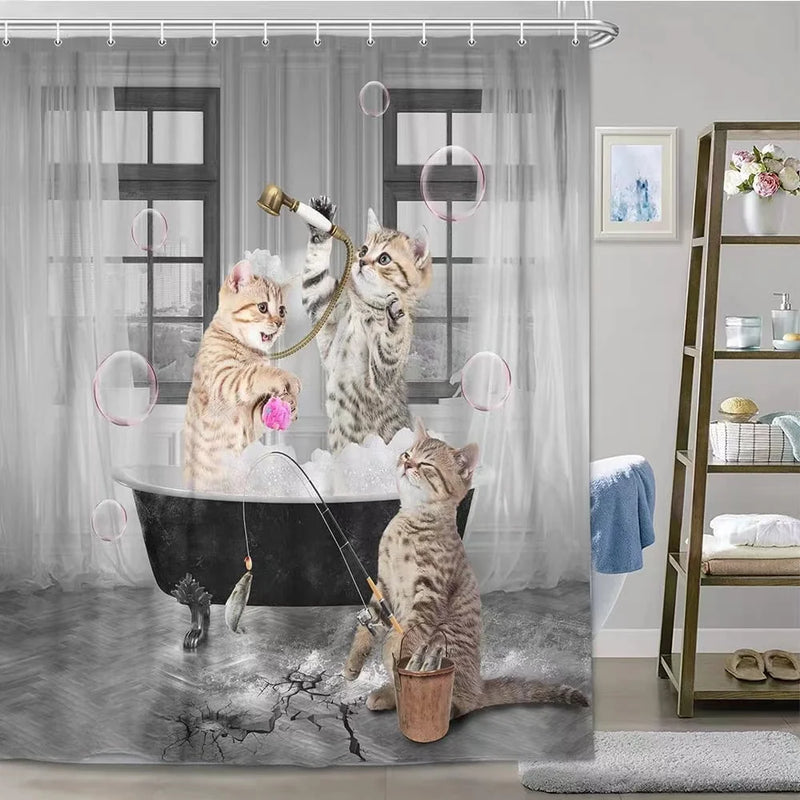 Niedlicher Seemann-Katzen-Duschvorhang mit Hai-Reiter