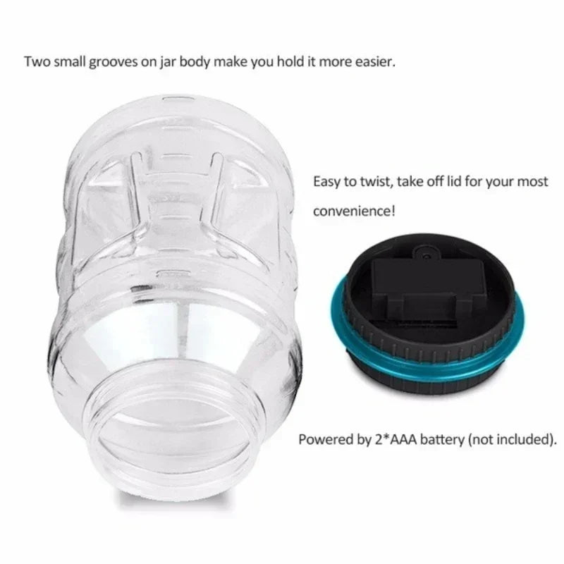 Clear plastic piggy bank with two small grooves on the jar body and a black lid for coin counting