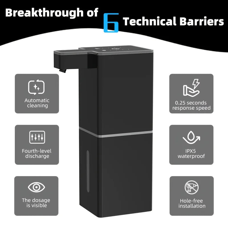 A black touchless infrared smart soap dispenser with features like automatic cleaning, fourth-level discharge, IPX5 waterproo