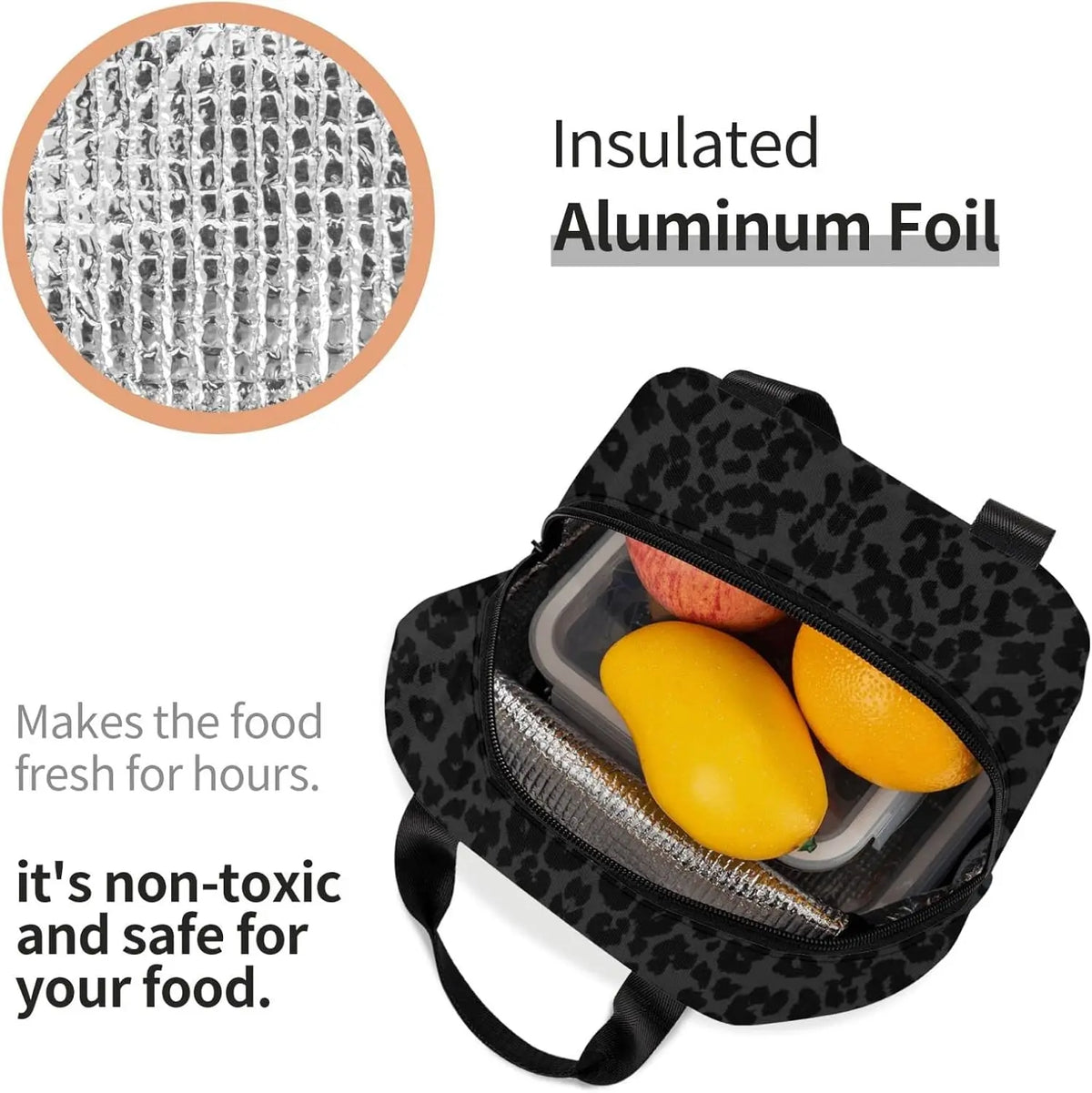 Black insulated aluminum foil lunch bag with a yellow lemon inside