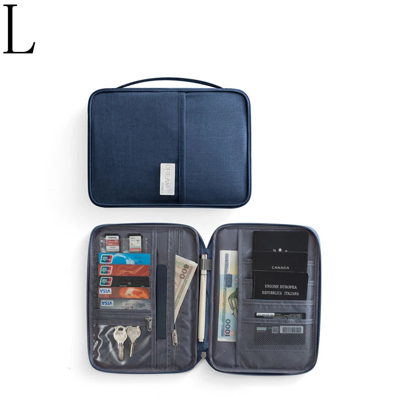 A dark blue waterproof family passport and document organizer wallet shown closed and open.