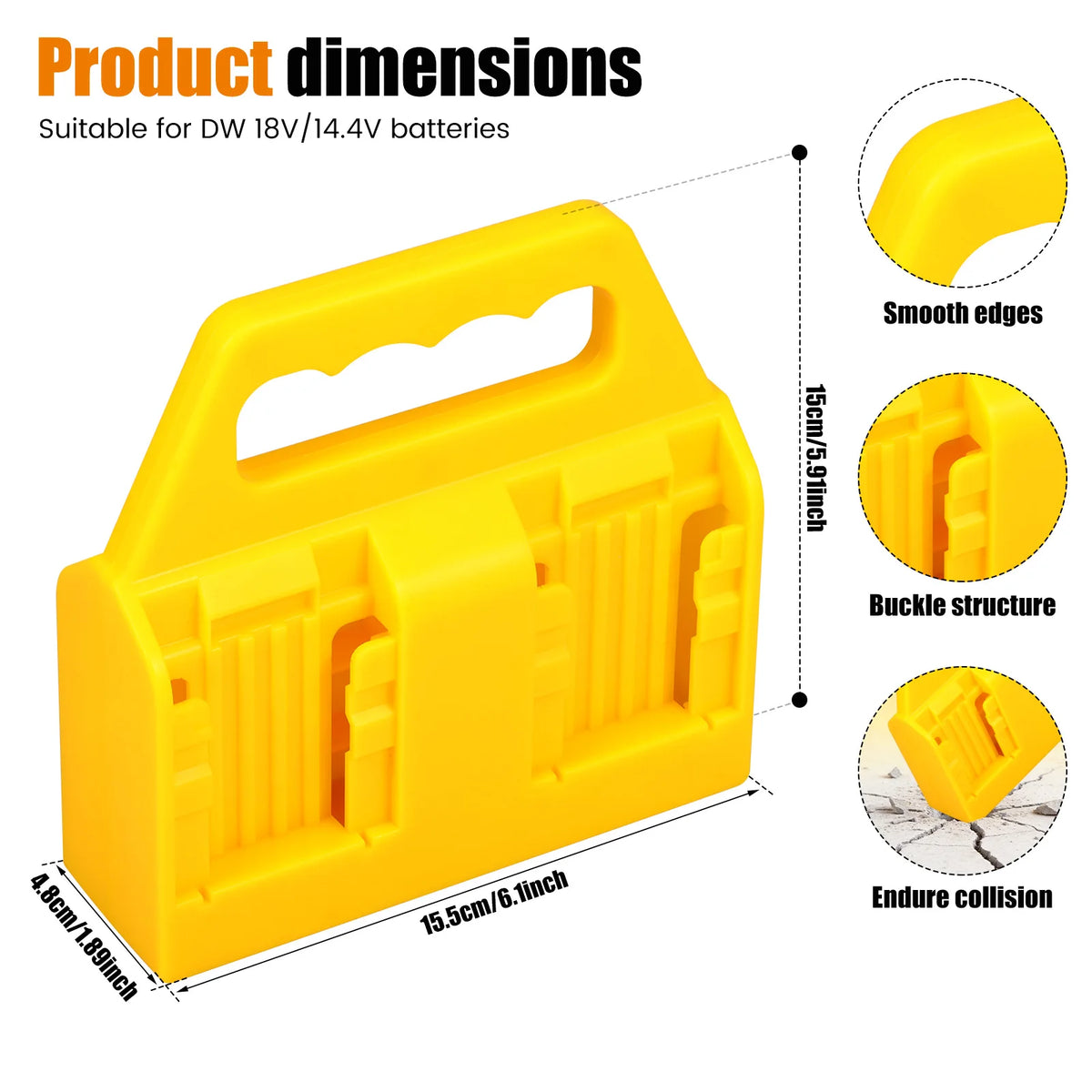 Yellow portable battery storage organizer with smooth edges and buckle structure for DW 18V/14.4V batteries