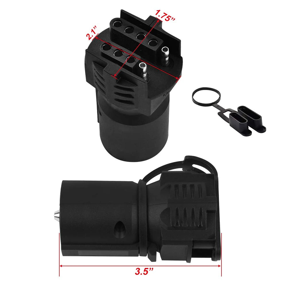 A black 2-in-1 trailer plug adapter showing various connector sizes and dimensions.