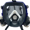 A full face respirator mask with a black and blue frame and a white filter insert.
