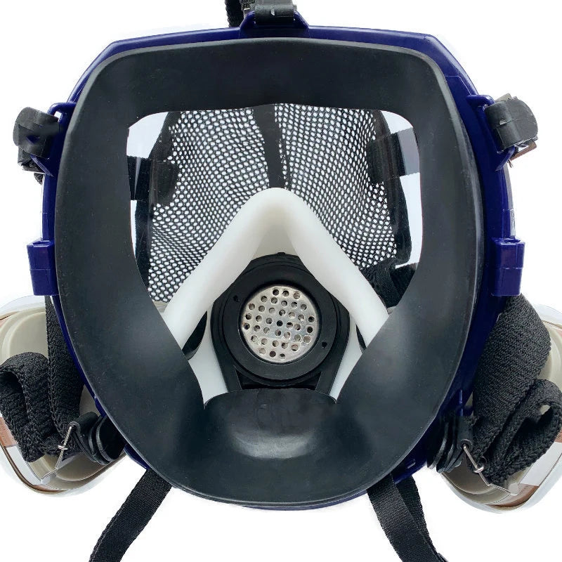 A full face respirator mask with a black and blue frame and a white filter insert.