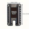 A black magnetic handgun mount with quick-attach features shown with dimensions.