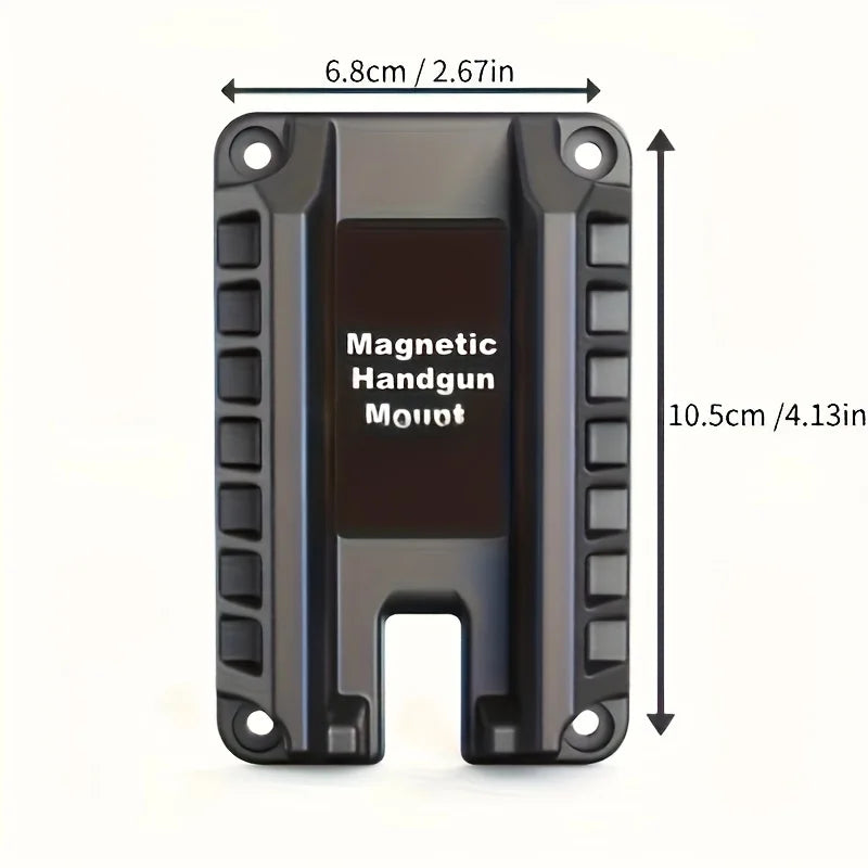 A black magnetic handgun mount with quick-attach features shown with dimensions.