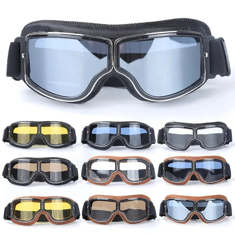 A collection of retro foldable motorcycle goggles in various colors and styles.
