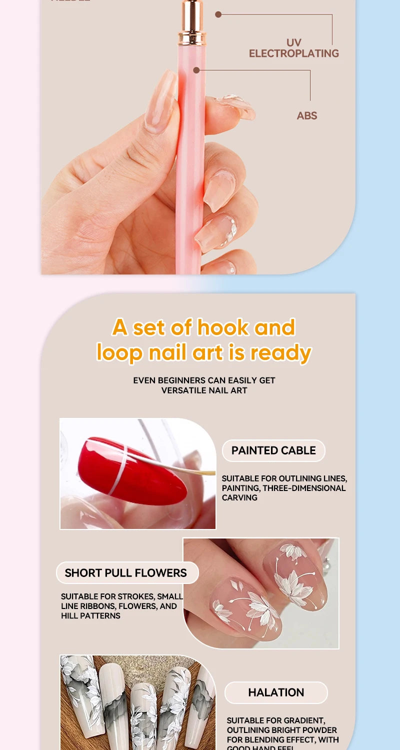 A set of hook and loop nail art is ready featuring a pink applicator brush and various nail art designs.