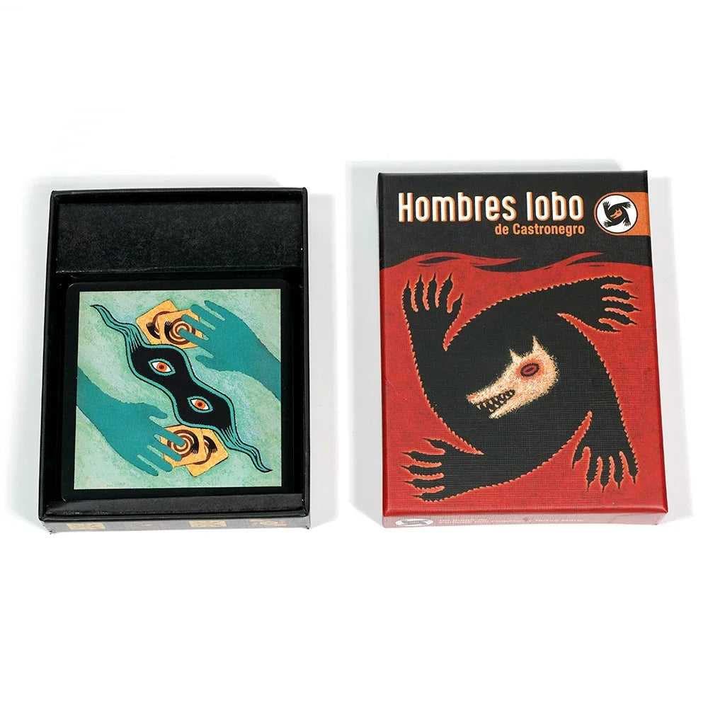 A box of Hombre Lobo de Castronegro card game featuring a stylized black werewolf silhouette on a red background.